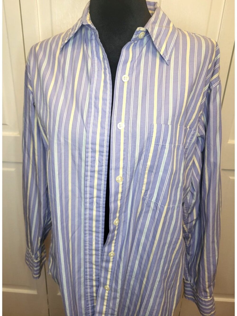 Vintage 80s Hunt Club Women's Periwinkle Yellow Stripe Button Up S Preppy Retro